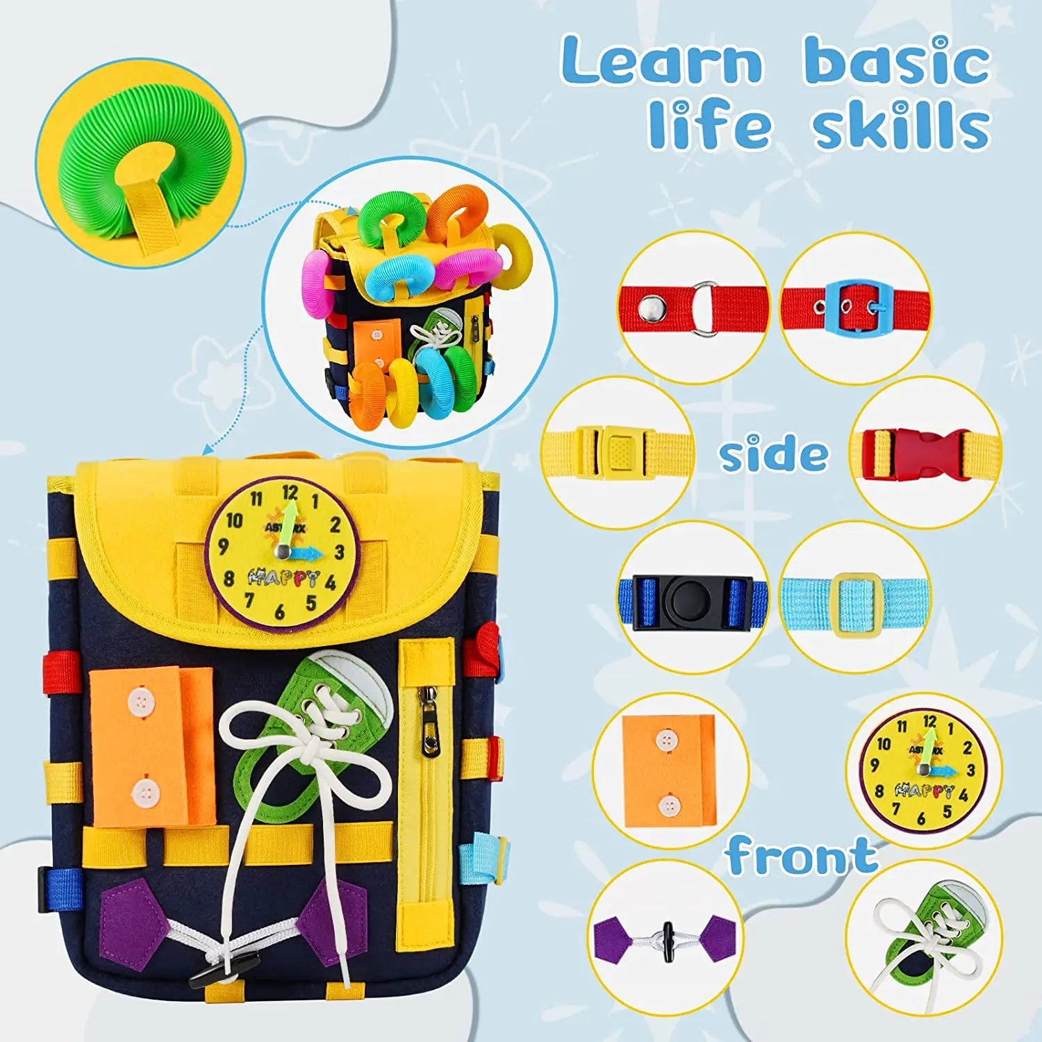 Montessori Busy Board Bag Travel Toys with Buckles for Kids Learning Develop Fine and Basic Motor Skills for Life 