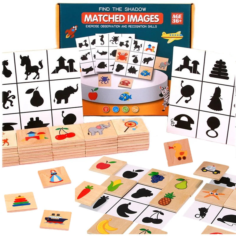 Montessori Shape Matching Board Game Find Shadow Matching Pictures Animals Fruits Blocks Puzzle Educational Toys for Children Wooden 