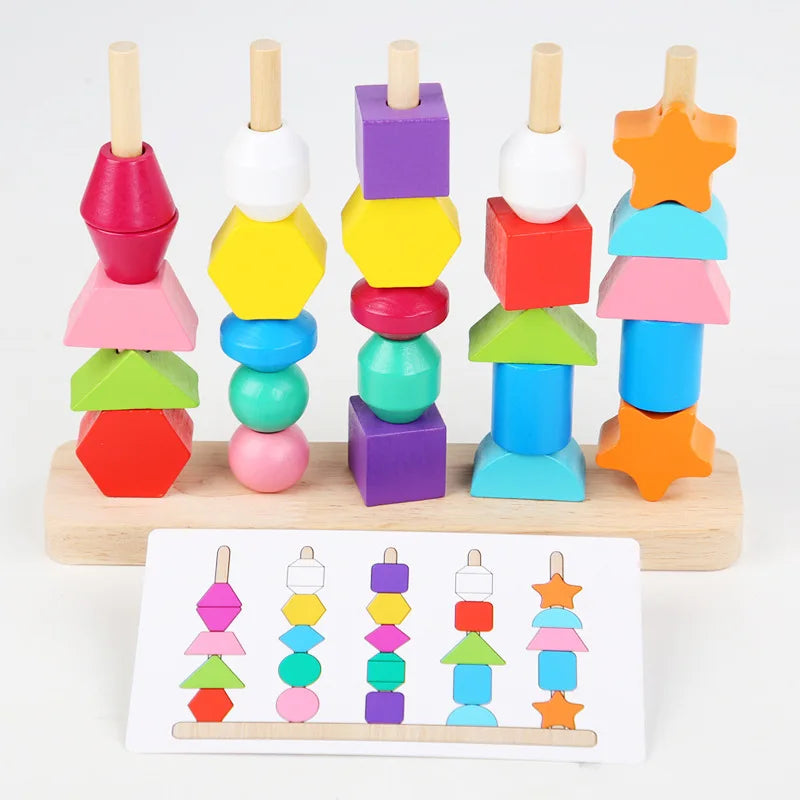Montessori Wooden Toys Shape Color Matching Puzzle Color Cognition with Color Beads Early Educational Toys for Children Gift 