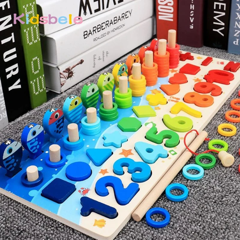 Montessori Math Toys for Toddlers Educational Wooden Puzzle Fishing Toys Number Counting Shape Matching Sorter Board Games 