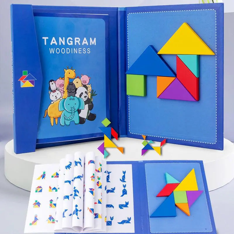 Wooden Magnetic Tangram Puzzle Portable Montessori Educational Toy Intelligence Learning Book for Children 